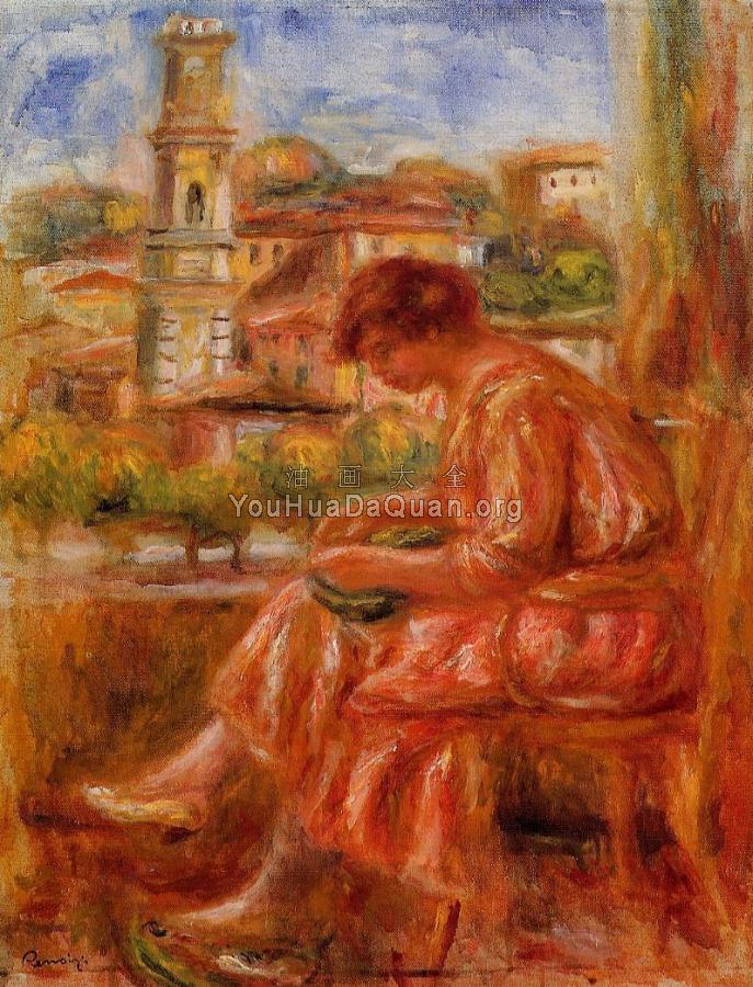 Woman at the Window with a View of Nice - 皮埃尔·奥古斯特·雷诺阿